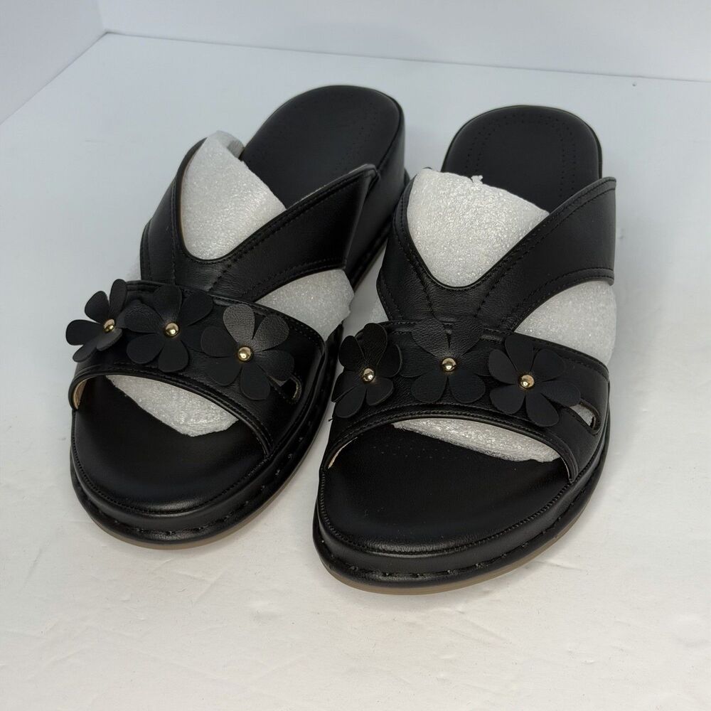 Erriana Womens Black Floral Wedge Slide Sandals Size 39 New in Box
